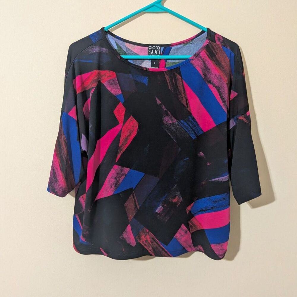 Clara Sunwoo Abstract Geometric Graphic Top Pink Blue Blouse With Silt Open Back